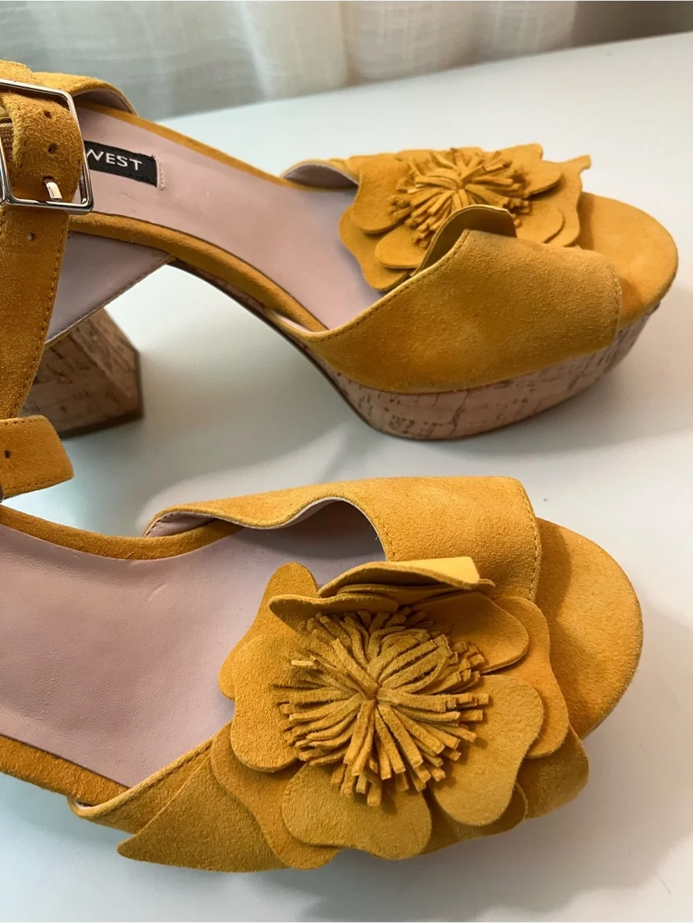 Nine West Yellow Suede Floral Appliqué Platform Heels